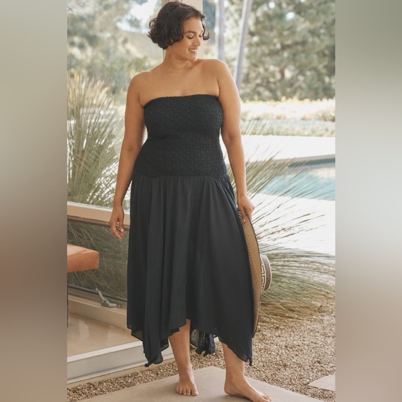 Anthropologie Strapless Smocked Cover-Up Dress 2X Plus size Black cotton beach - Picture 1 of 16
